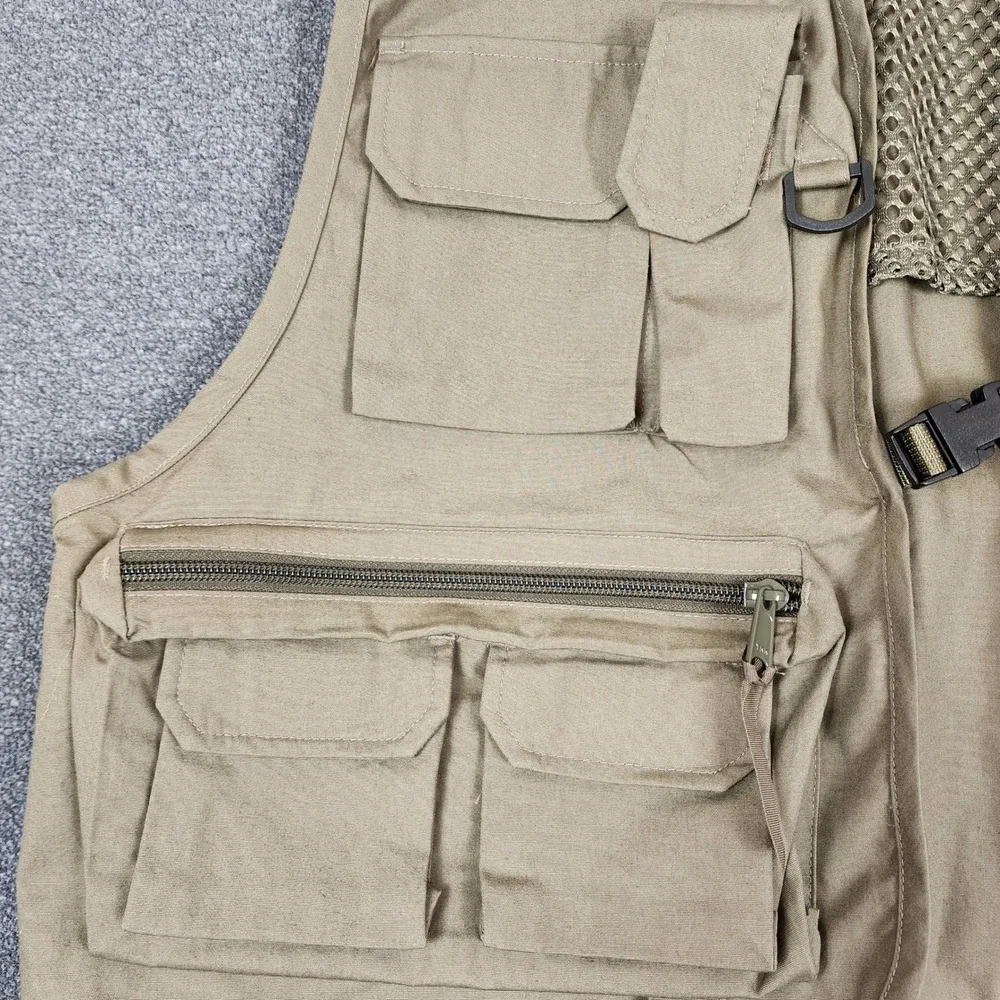 Orvis Mens Fly Fishing Vest Khaki Tan Mesh‎ Back Multi-Pocket Utility Size S